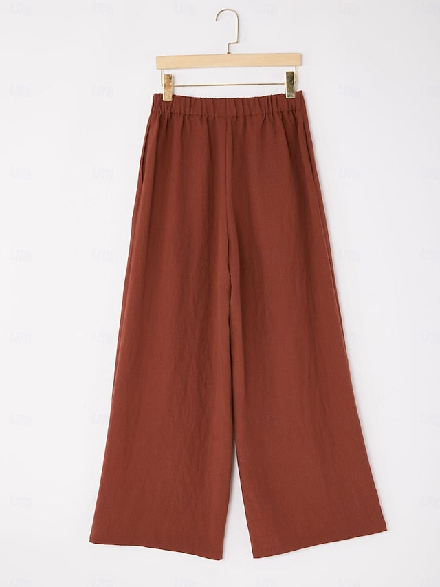 Lyocell-blend Broadcloth Solid Color Loose Long Pants