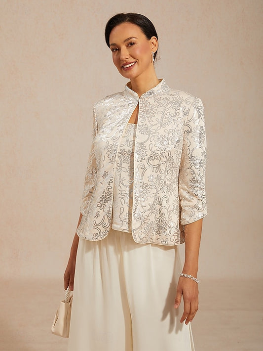 Women's Jacket Twinset Sequins Floral Paisley Elegant 3/4