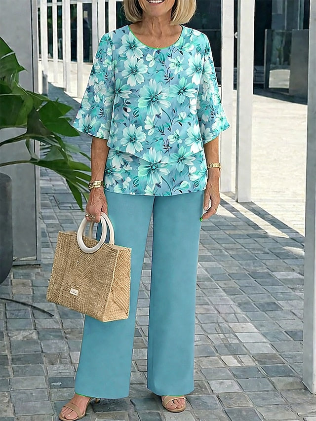 Women's Pants Sets 3/4 Length Sleeve Round Neck Floral