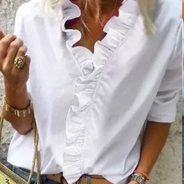 Women's Blouse Shirt V Neck Lettuce Trim Plain Modern V