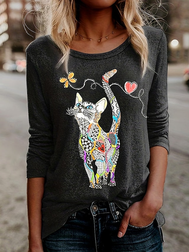 Women's T shirt Long Sleeve Floral Graphic Cat Vintage