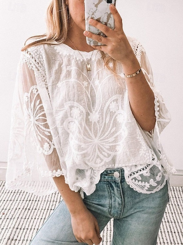 Women's Shirt Lace Shirt Lace Splicing Top Blouse Lace Lace