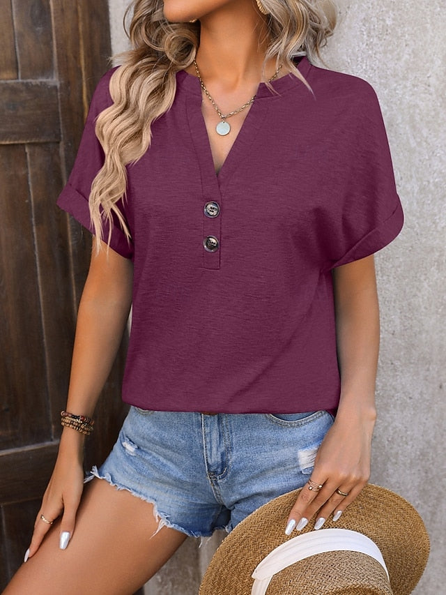 Women's T Shirt Tee Top Buttons Plain Fashion Stylish
