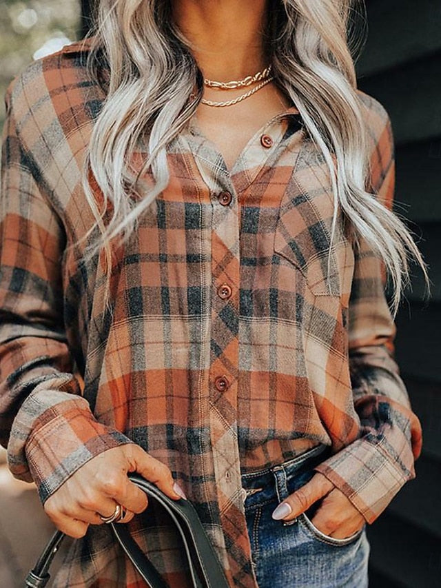 Women's Blouse Buttons Print Plaid Vintage Casual Long