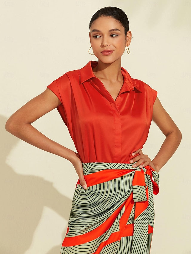 Women's Midi Skirt Green Color Block Elastic Waistband