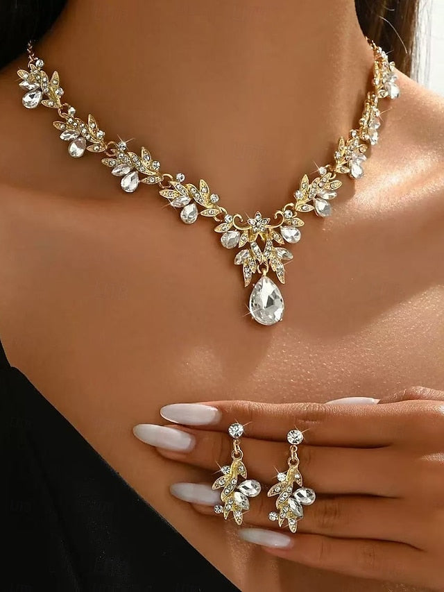 - with Pendant Jewelry Teardrop Women's Gold Set Rhinestone