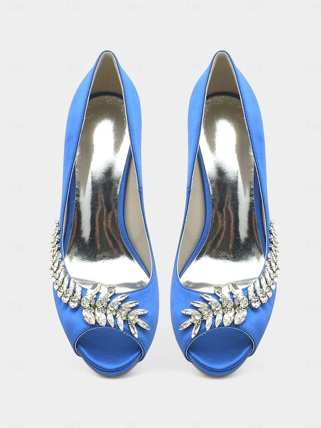 Peep-Toe with Crystal – Satin Embellishment Blue Luxury Heels