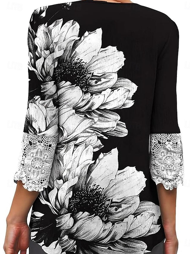 Women's Boho Shirt Tunic Lace Buttons Ombre Floral Stylish