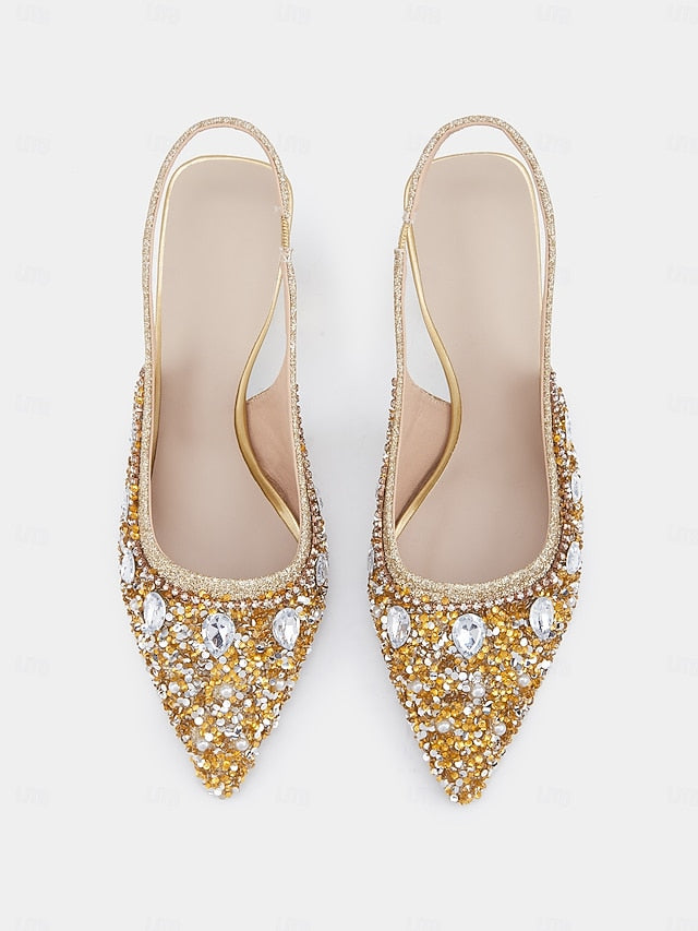 with Slingback Pearl Heels Rhinestone Women's Gold