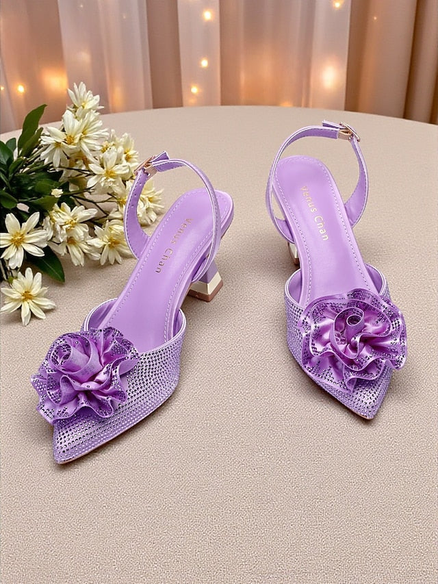Heels with Slingback Rhinestone Floral Purple Women's