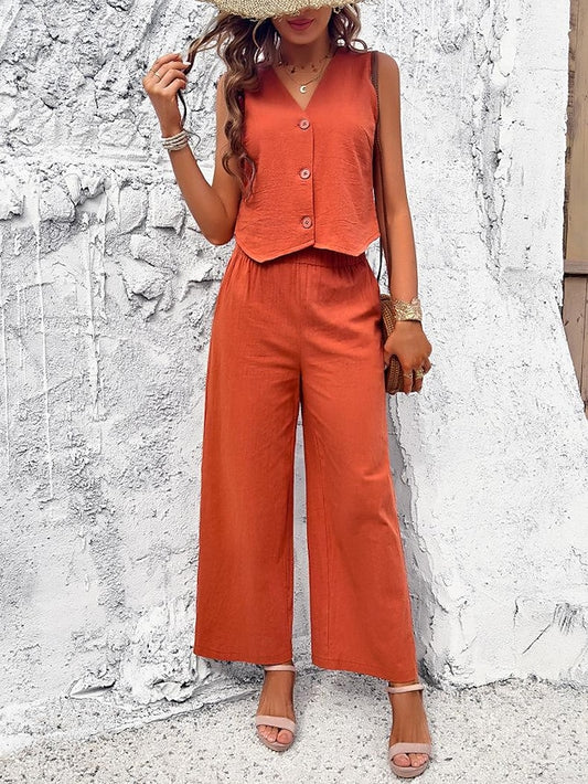 Women's Cotton Blend Vest Layered V-Neck Top Buttoned Crop