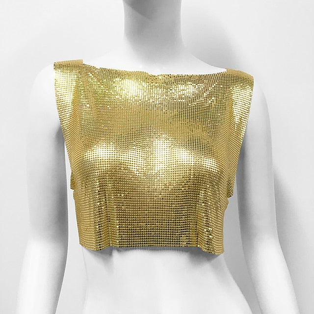 Metallic Sparkle Sexy Crop Tank Top Disco Solid Color Fancy