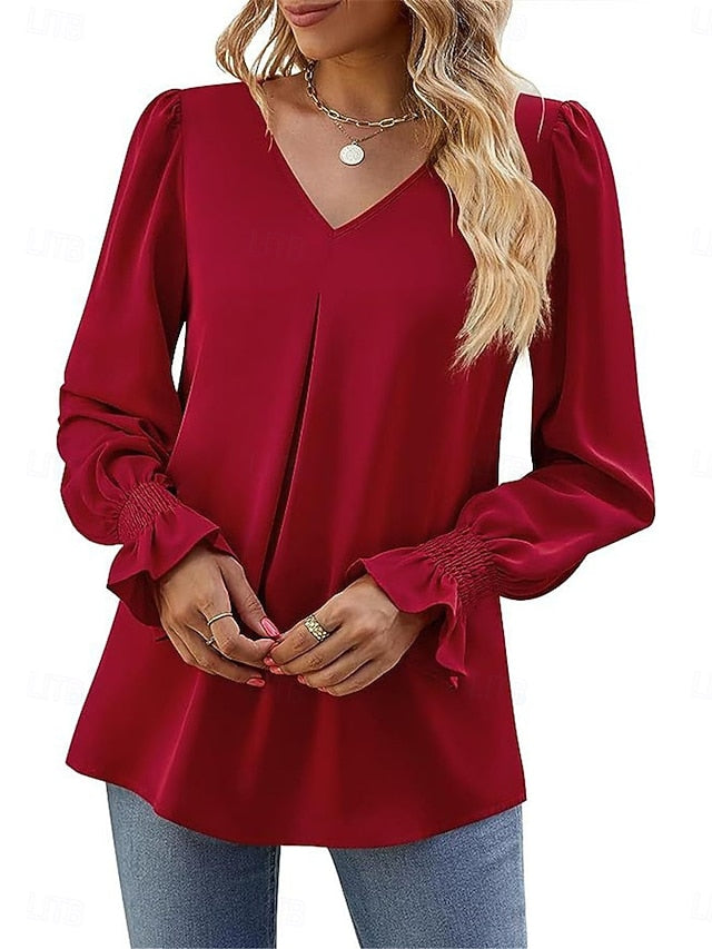 Women's Shirt Blouse Solid Color Basic Casual Long Sleeve V