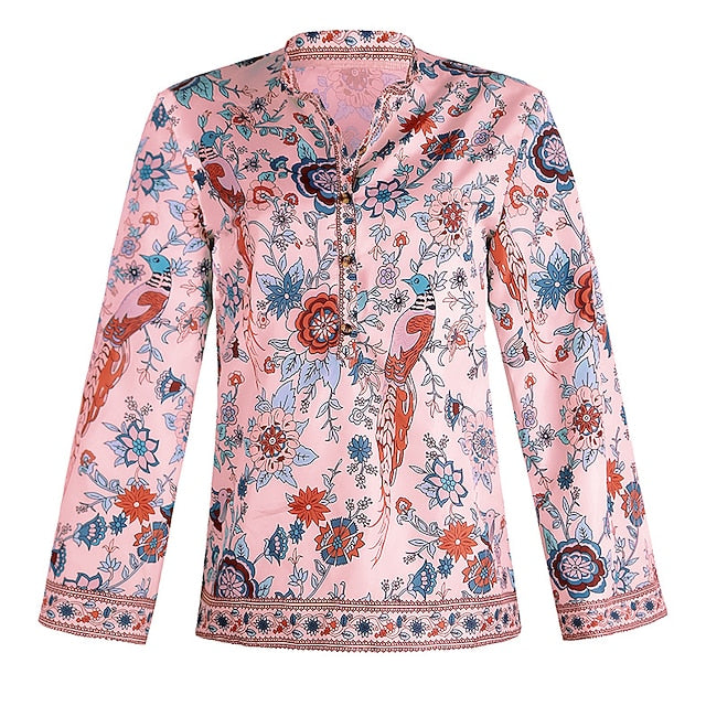 Women's Shirt Blouse Yellow Pink Dusty Rose Graphic Floral