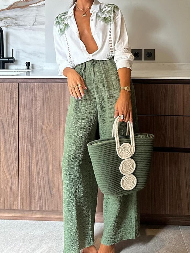 Women's Shirt Linen-Inspired Sets Two Piece Sets Wide Leg