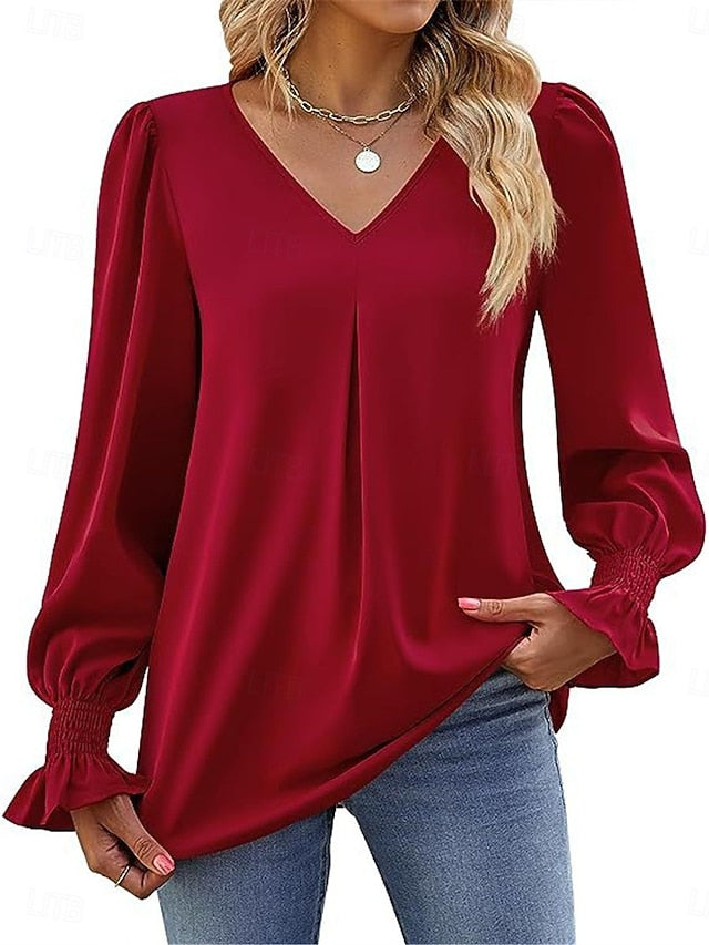 Women's Shirt Blouse Solid Color Basic Casual Long Sleeve V