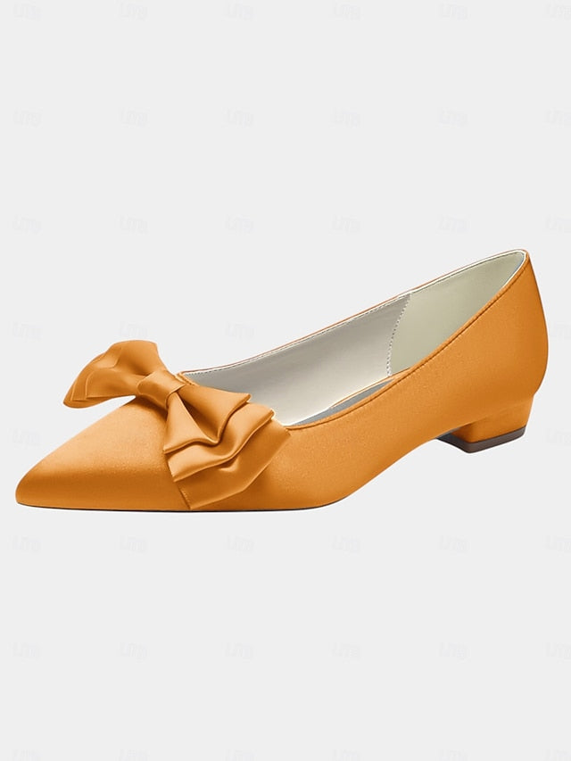 Women's Pointed Satin Bow Green - Flats Toe Elegant