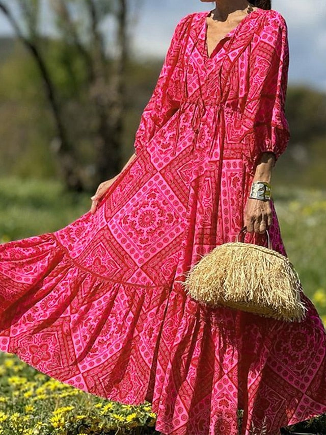 Women's Color Block V Neck Maxi Dress 3/4 Length Sleeve