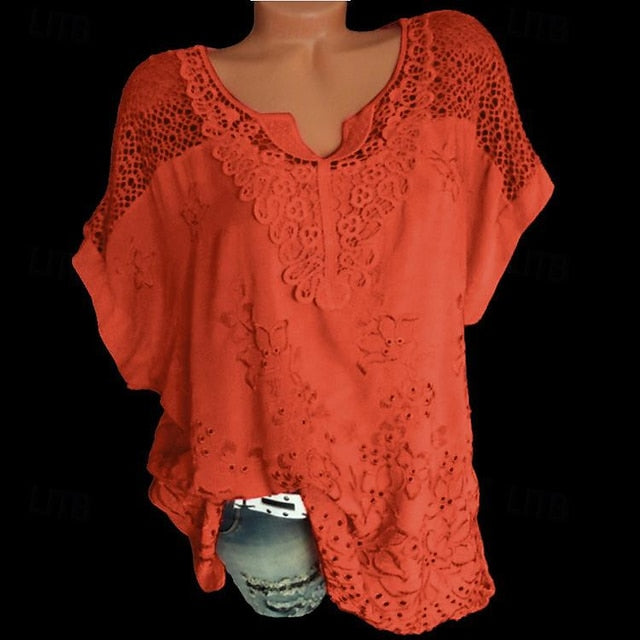 Women's White Bohemian Blouse Lace V-Neck Openwork