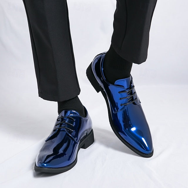Formal for Green Leather Patent Shoes Glossy Men Lace-Up –