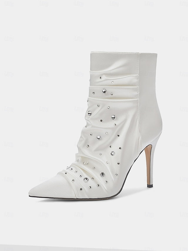 Rhinestone Satin Boots Ankle Women's White with