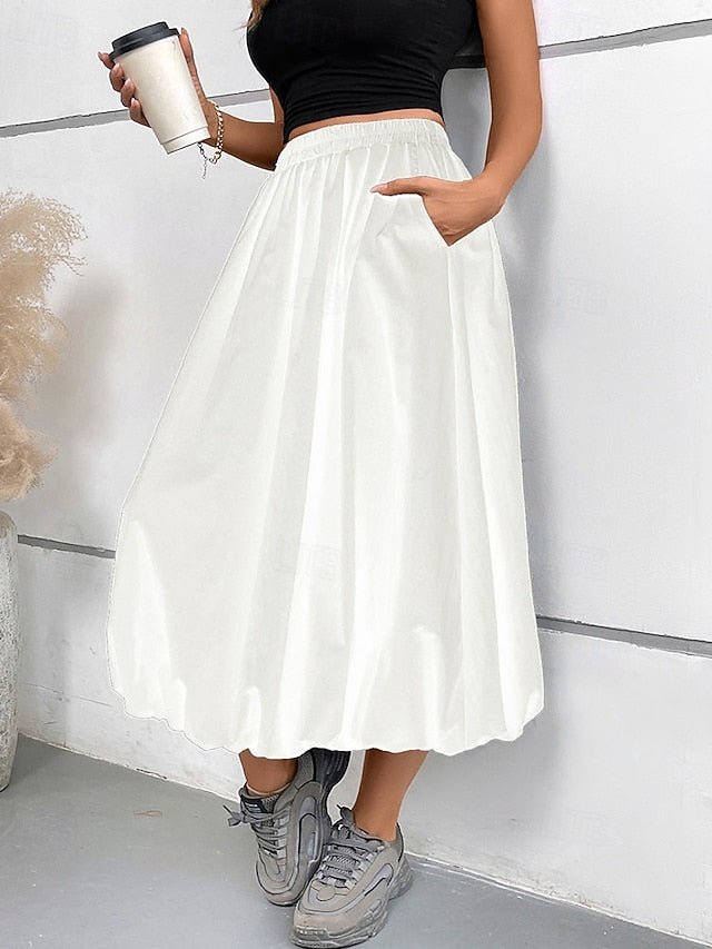 Women's Fashion Casual Midi Mid Rise Skirts Plain Ruched