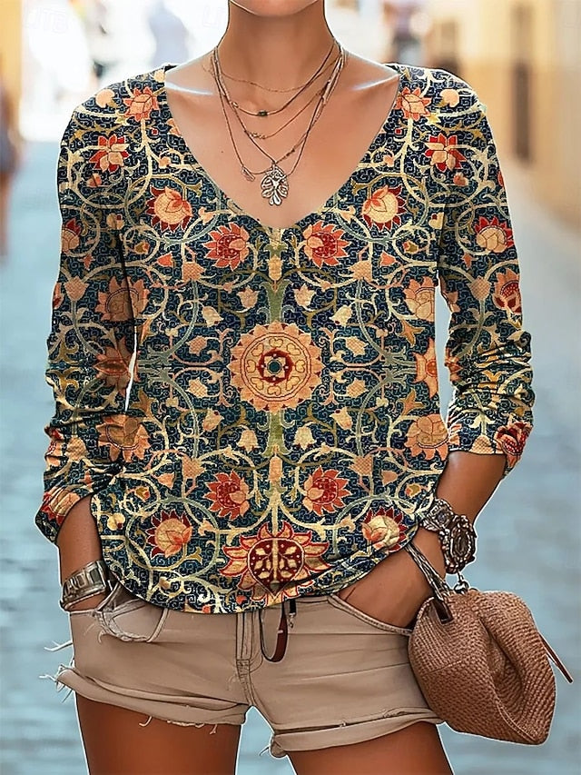 Women's Blouse Print Floral Bohemia Daily Long Sleeve V