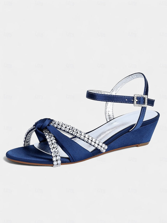 Satin Wedge Sandals Green Women's - Knot Rhinestone