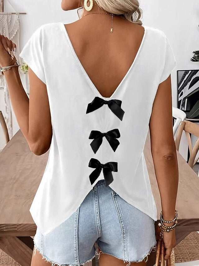 Women's T Shirt Tee Top Bow Plain Fashion Stylish Classic