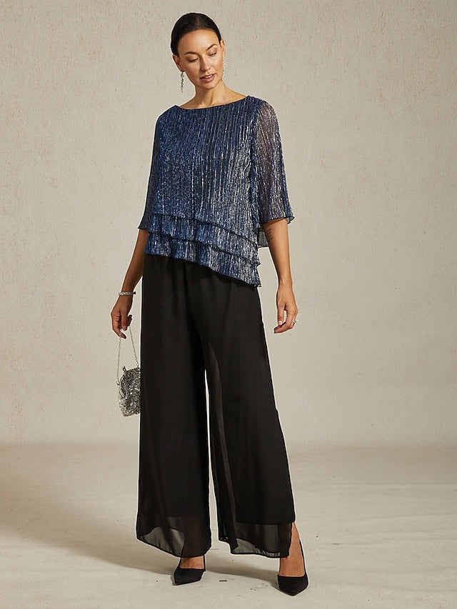 Women's Blouse Chiffon Tops Pleated Layered Metallic