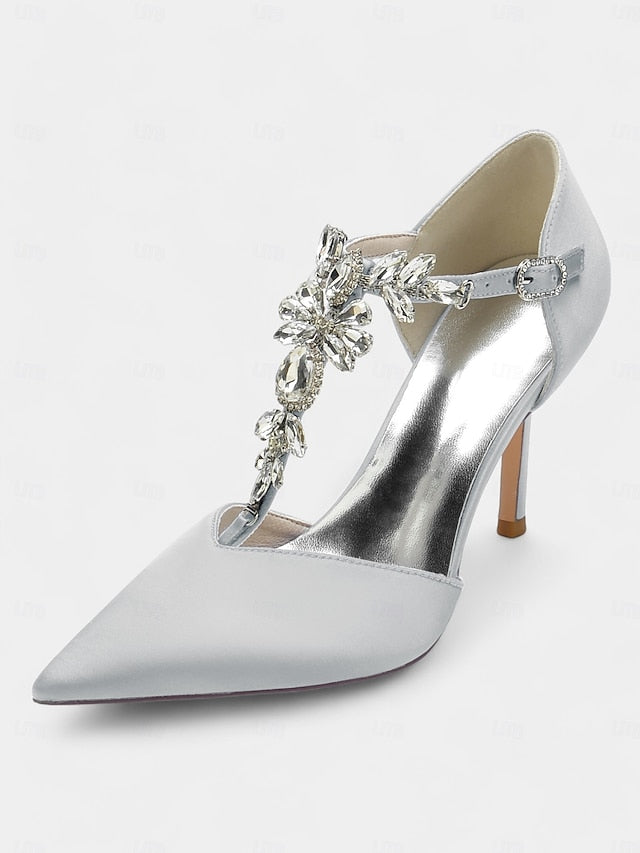 Women's Navy Toe – Pointed Blue T-Strap Satin Heels