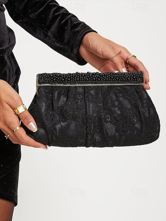 Bag Women's Evening Clutch Black Beaded with Elegant Lace