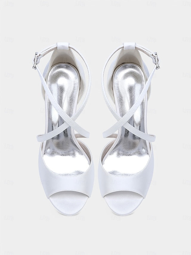 – Satin Peep-Toe Women's Elegant Cross-Strap White Heels