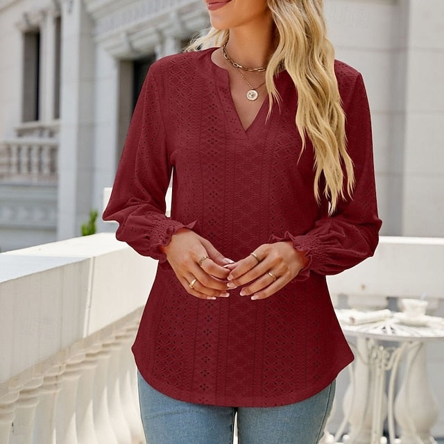 Women's Shirt Blouse Ruffle Shirt Hollow Out Plain Stylish