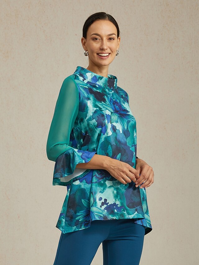 Women's Blouse Green Tie Dye Floral Stretch Knit Pullover