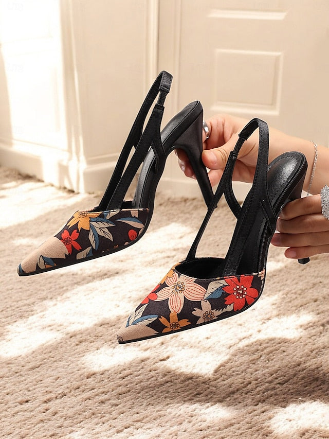 Heels Slingback Women's High Elegant Floral – Pointed Toe