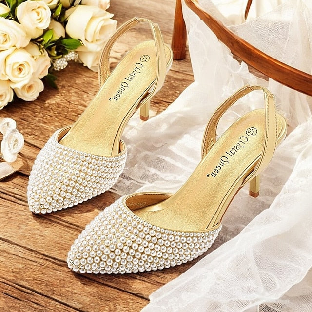 with Pearl Heels Women's Embellishments – White Slingback