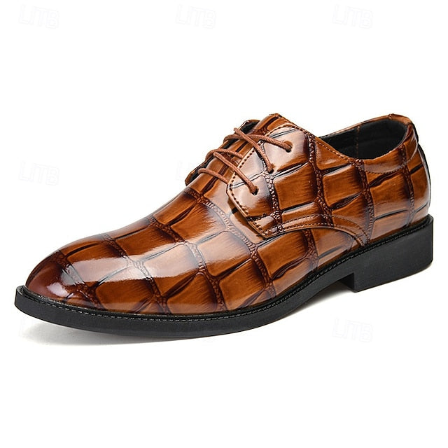 Crocodile-Pattern Brown Leather Shoes Men's