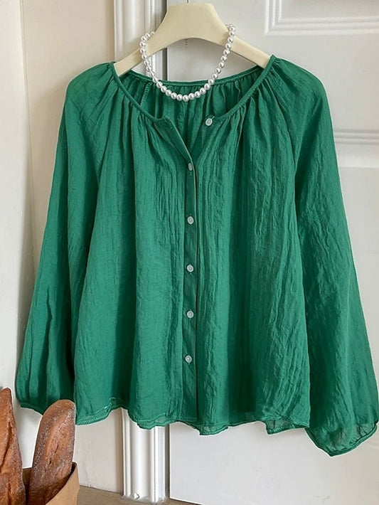 Women's Linen Like Faux Cotton Linen Blouse Ruched Solid