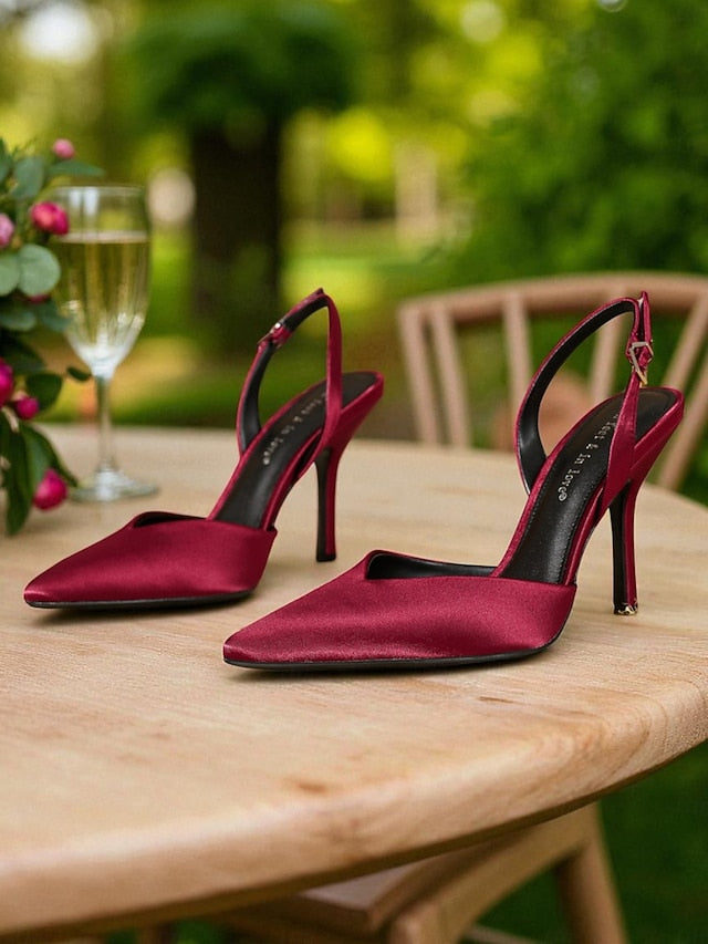 Heels Slingback Elegant - Women's Toe Pointed Satin Purple