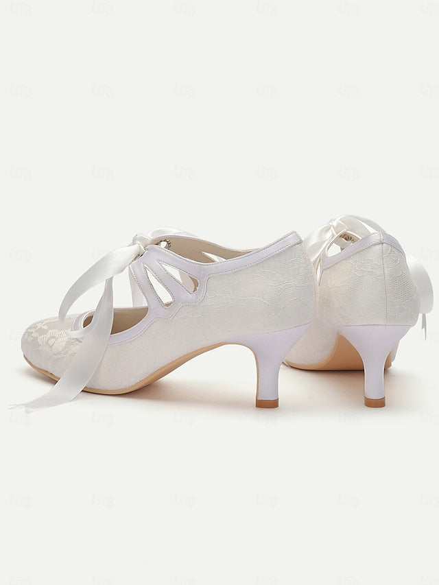 Pumps - Lace Bridal with Satin Elegant Ribbon Vintage White Ties
