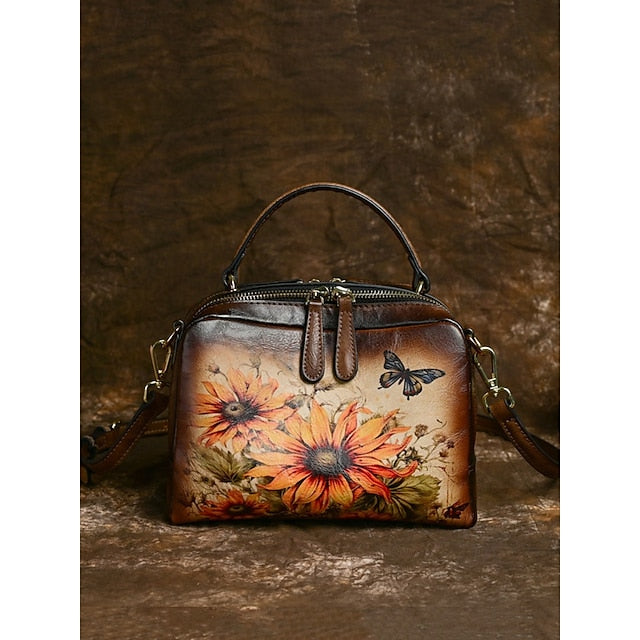 – Sunflower Print Vintage with Handbag Leather and Butterfly