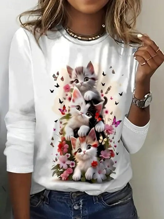 Women's T Shirt Print Floral Graphic Cat Fashion Stylish