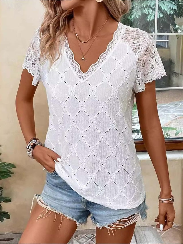 Women's Lace Splicing Top Lace Hawaiian Short Sleeve V Neck