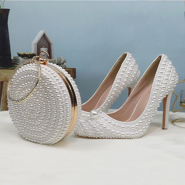 Heels Pearl Purse and Pearl-Embellished Round Stiletto Set White