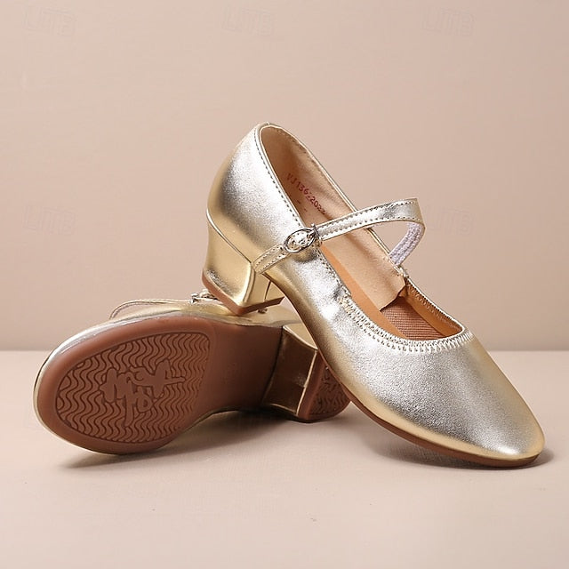 Women's Mary Jane Gold Dance with Buckle Shoes Low Heel