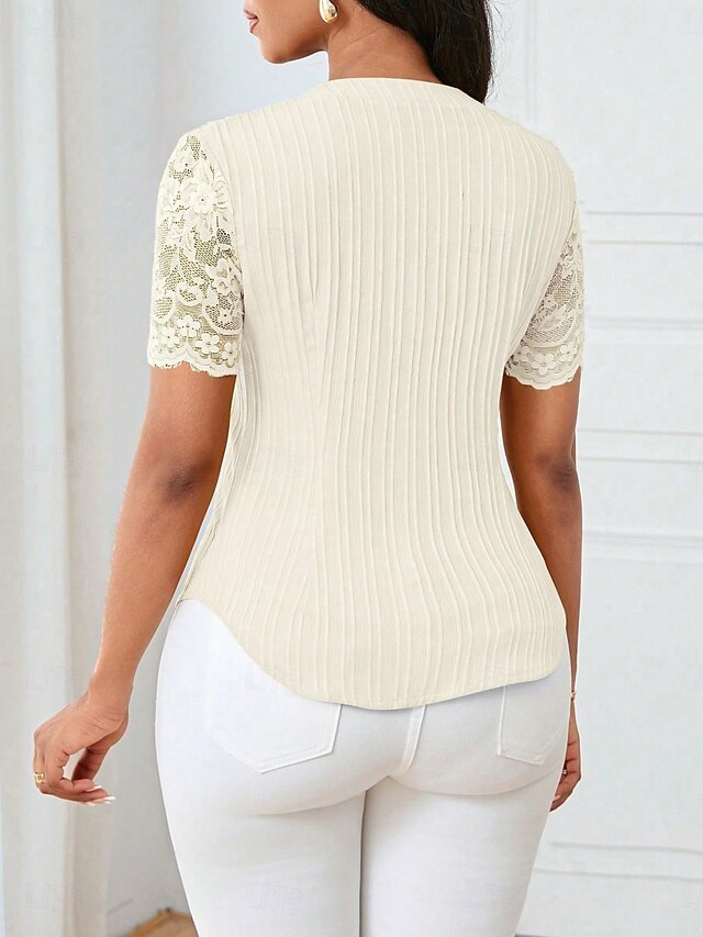 Women's T Shirt Tee Top Lace Patchwork Plain Elegant