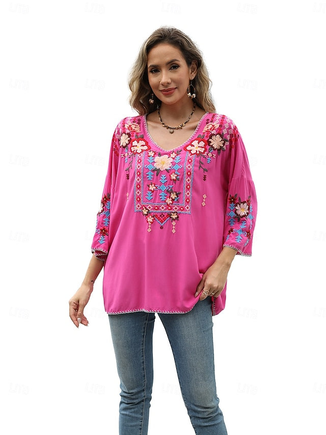 Women's Boho Shirt Embroidered Solid Color Floral Bohemia