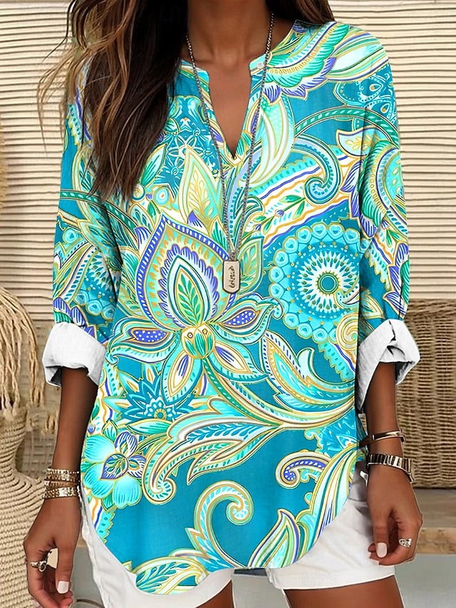 Women's Blouse Linen Like Breathable Lightweight Tunic V