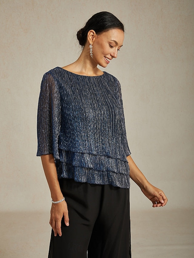 Women's Blouse Chiffon Tops Pleated Layered Metallic